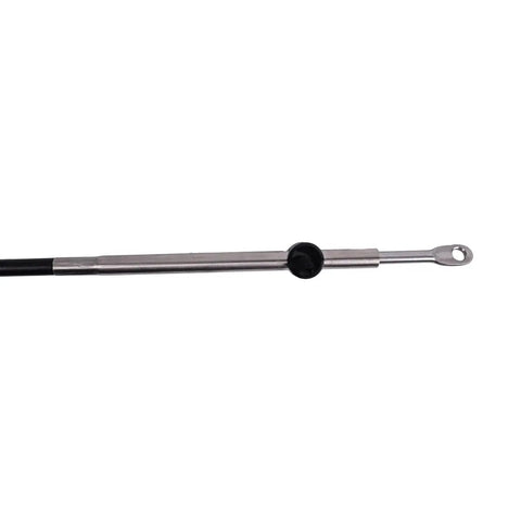 Close-up of a 12 Foot Control Cable CC17912 Replacement For Mercury Mariner Outboard Engines, black with metal fittings.