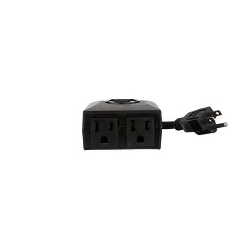 Built Tough Weatherproof Digital Plug In Timer With Two Grounded Outlet Spots For Scheduling Yard Lights And Pool Gear That Cracks Savings Wide Open While Delivering Dumb Easy Setup And Zero Headaches, side view showing two outlets.