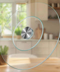 31 inch tempered glass lazy susan turntable with extra large size, silent rotating serving tray displayed in a modern kitchen.
