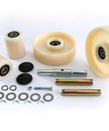 Premium Wheel Kit For Manual Pallet Jack H 2186 With White Nylon Wheels and parts on display