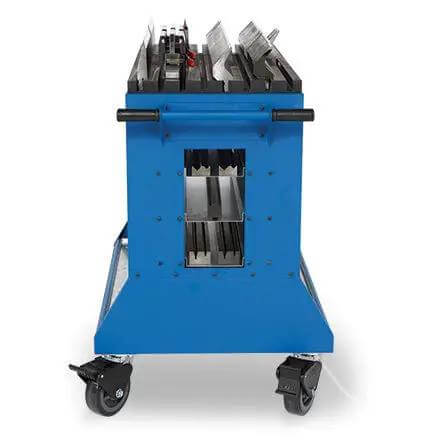 Front view of Heavy Duty Press Brake Changeover Cart For American Style Tooling VT36600 with wide base and ergonomic handle.