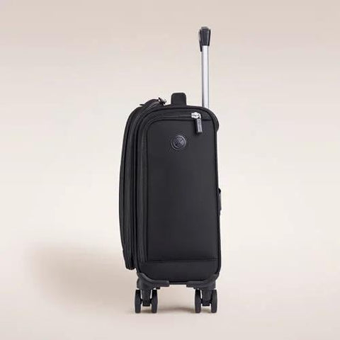 Front view of Verage underseat luggage with wheels; black softside 14.5-inch spinner travel bag by Amazon