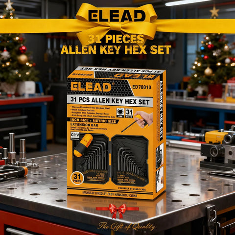 Thirty One Piece Hex Key Set With Long And Short Allen Keys In Metric And SAE Sizes From 0.7 Millimeter To 10 Millimeter And 0.028 To Three Eighths Inch Heat Treated For Strength Featuring A Torque Handle High Leverage And Easy Organization in retail packaging on a workbench.