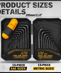 Thirty One Piece Hex Key Set With Long And Short Allen Keys In Metric And SAE Sizes, featuring a torque handle and storage case.
