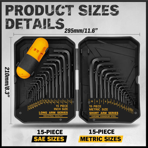Thirty One Piece Hex Key Set With Long And Short Allen Keys In Metric And SAE Sizes, featuring a torque handle and storage case.