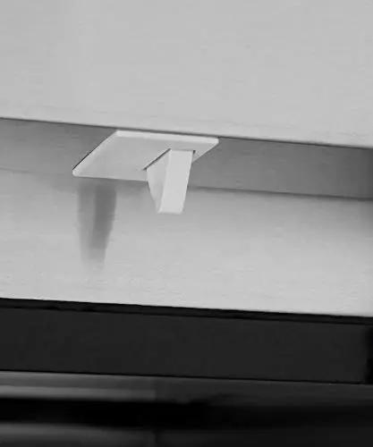 Detailed view of the locking mechanism on a White Three Door Upright Freezer With Clear Glass Panels And Straight Up Solid Cooling.