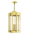 Lexington Extra Large 4 Light Natural Brass Outdoor Pendant Lantern With Clear Glass In Bold Art Deco Shape On Handcrafted Solid Brass Frame.