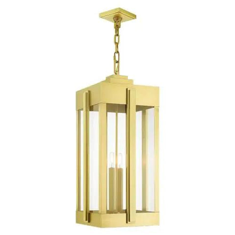 Lexington Extra Large 4 Light Natural Brass Outdoor Pendant Lantern With Clear Glass In Bold Art Deco Shape On Handcrafted Solid Brass Frame.