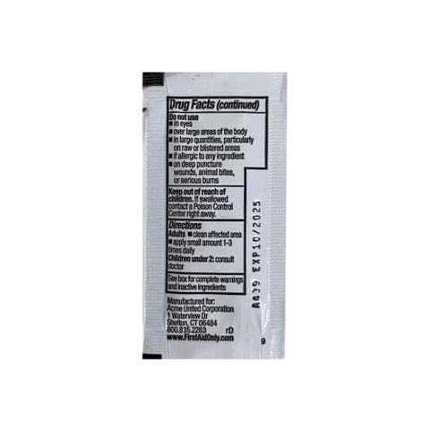 Back view of white First Aid Only 9302-25M contractor's first aid kit package with drug facts panel.