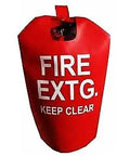 Medium Red Fabric Fire Extinguisher Cover With Clear View Window offers clear visibility and dust protection for essential safety gear.