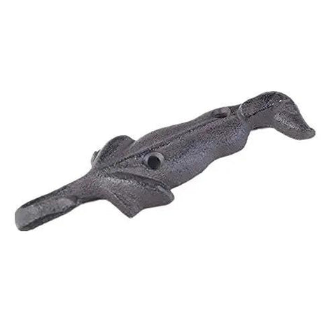 Close-up of a vintage cast iron wall-mounted hook, part of the Set Of 6 Wall Mounted Cast Iron Coat Hooks Retro Creative Rustic Hat Rack And Towel Hanger Strong Durable For Entryway Or Bedroom And Garden With Antique Badass Style.