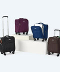 Five HanTrip 16-inch underseat carry-on luggage with wheels in black, purple, blue, and brown.