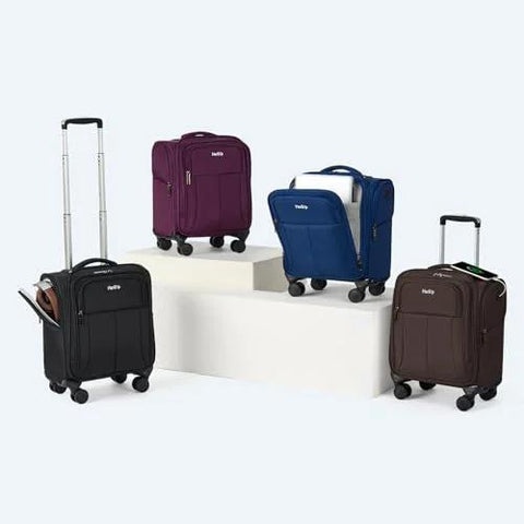 Five HanTrip 16-inch underseat carry-on luggage with wheels in black, purple, blue, and brown.