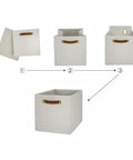 A Straight Up Game Changer Collapsible Fabric Cube Storage Bin Vanilla Canvas Organizer Tote, shown in folding steps.