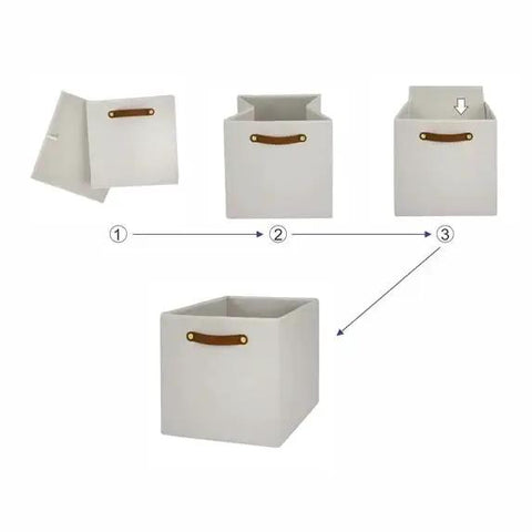 A Straight Up Game Changer Collapsible Fabric Cube Storage Bin Vanilla Canvas Organizer Tote, shown in folding steps.