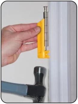 Pro Grade Door Hinge Pin Remover Tool For Stuck Pins With Heavy Duty Steel Pin And Durable Plastic Handle being used on door hinge