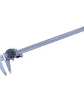 Budget Friendly 12 Inch Economy Dial Caliper With Covered Rack For Chip Free Operation Four Way Measurement Of Outside Inside Depth And Step Easy Read Dial DIN 862 Compliant Machinist Tool shown on white background.