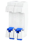 Front view of DZ47-63 2 Pole 400V AC Miniature Circuit Breaker With Leakage Air Switch 63A with blue toggles and white body