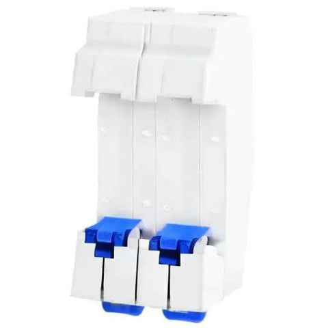 Front view of DZ47-63 2 Pole 400V AC Miniature Circuit Breaker With Leakage Air Switch 63A with blue toggles and white body