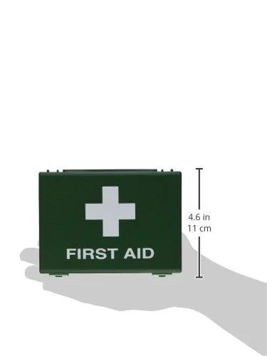 Green first aid kit box with white cross and FIRST AID label, 4.6 in tall.