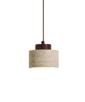 Modern Mini Pendant Light, Travertine Stone Light Fixture with Wooden Accent, 1-Light Cylinder Ceiling Lamp for Kitchen Island, Dining Room, Bedroom, Cafe hanging from ceiling.