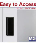 Front view of white wall-mounted AED cabinet with black viewing window and AHS logo