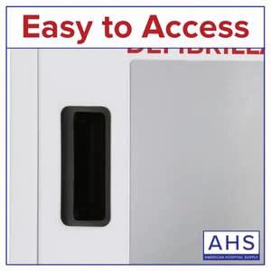 Front view of white wall-mounted AED cabinet with black viewing window and AHS logo