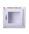 Front view of white alarmed AED defibrillator wall-mounted storage cabinet with glass window and left-side lock.