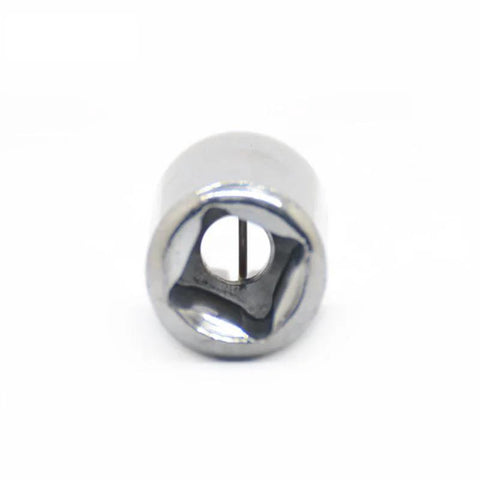 Chrome 1/4 square to 1/4 hex adapter sleeve with magnetic female shank, close-up view