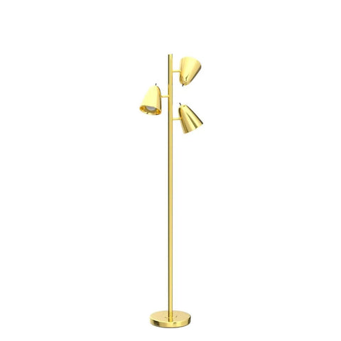 Three Arm Floor Lamp With 360 Degree Adjustable Reading Arms In Brushed Gold Tall Pole Standing Lamp For Living Room Bedroom And Home Office Stand Up Lamp For Cozy Task Lighting against white background