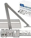 Aluminum Finish Adjustable Spring Power Door Closer PR90 With Size 1 To 6 Cast Iron Body Surface Mount and packaging.