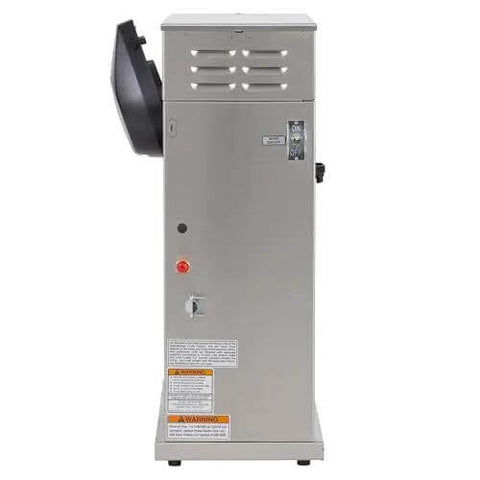Side view of Axiom Dual Voltage Airpot Coffee Brewer, showing control panel and vent, no airpot servers included.