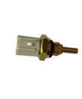 Side view of automotive temperature sensor with copper probe, threaded brass body and white plastic connector.