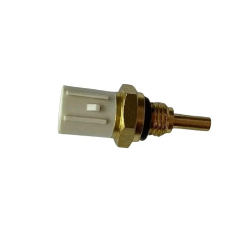 Side view of automotive temperature sensor with copper probe, threaded brass body and white plastic connector.