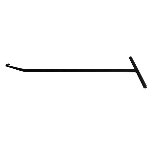 Side view of a black P1TOOLS exhaust spring puller tool, 10 in (25 cm) long with a T-handle and hooked tip.