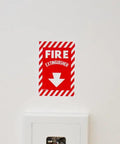 Fire extinguisher sign placed above a Tough As Nails Weather Resistant Fire Extinguisher Cabinet Lock Box For 20 Lb ABC Mount.