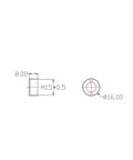 Technical drawing of protective lens glass for laser module; side and top views show M15x0.5 thread, 16 mm, 8 mm thick