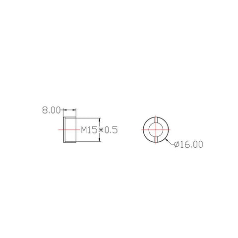 Technical drawing of protective lens glass for laser module; side and top views show M15x0.5 thread, 16 mm, 8 mm thick