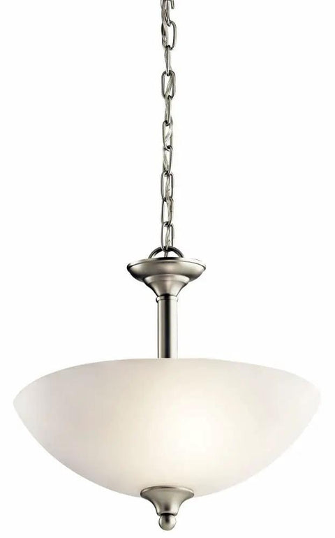 15 Inch Two Light Convertible Inverted Pendant And Semi Flush Light With Satin Etched Glass In Brushed Nickel Finish