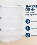 Heavy Duty 105 Quart Storage Bin With Secure Snap Latches And Clear Base, stackable design for organized storage.