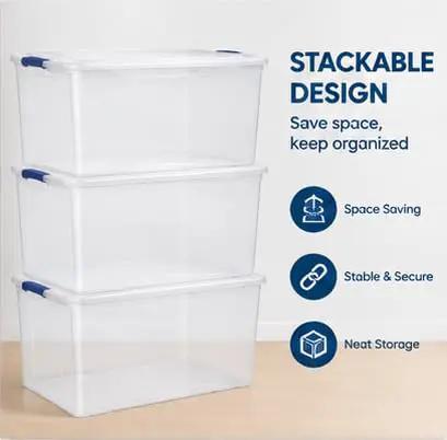 Heavy Duty 105 Quart Storage Bin With Secure Snap Latches And Clear Base, stackable design for organized storage.