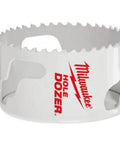 Front view of Milwaukee ice-hardened bi-metal hole saw, 3-5/8 in, white body with red logo.