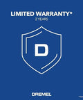 Dremel warranty badge on blue background with shield logo and limited warranty text.