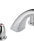 Two Handle Chrome Bathroom Faucet ADA Compliant Water Efficient 1.5 GPM Half Inch IPS Connections Widespread Lavatory Faucet With Zinc Alloy Details Durable Build Sleek Modern Look For Busy Homes, showing curved spout and side handles.