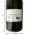 59-71 MFD 220V Motor Start Capacitor for One Half HP to Three Quarters HP, USA Made, front view with dimensions.