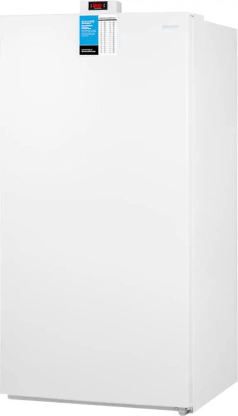 Top Tier 33 Inch Upright Freezer With Built In Icemaker And True No Frost Operation, Holds A Ton At 21 Cubic Feet, Digital Thermostat And Adjustable Shelves For Garage in white with digital display.
