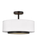 Nance Two Bronze Semi Flush Convertible Pendant Light For Wet Locations with white drum shade and bronze accents, side view