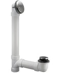 Foot Operated Bath Drain Stopper With Heavy Duty Plastic Build And Slick Brushed Nickel Top Sized For Standard One Point Five Inch Openings with push down mechanism.