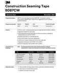 Technical data sheet for Construction seaming tape single roll, red, 99 mm W x 50 m L, 3 mil thickness, featuring specifications.
