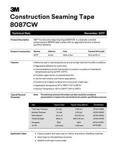 Technical data sheet for 3M construction seaming tape detailing specifications and features, labeled November 2017.
